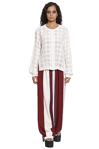 Burgundy & White Crepe Wide-Legged Pants by Abraham & Thakore