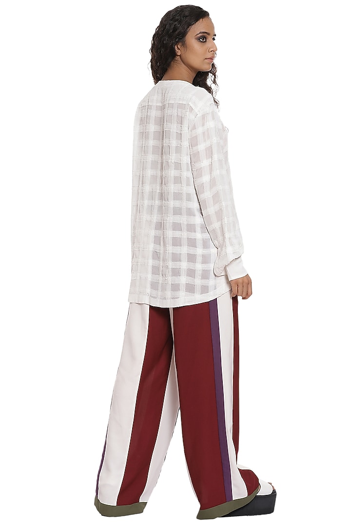 Burgundy & White Crepe Wide-Legged Pants by Abraham & Thakore at Pernia's Pop Up Shop