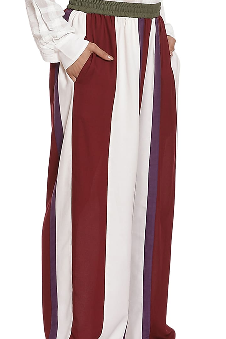 Burgundy & White Crepe Wide-Legged Pants by Abraham & Thakore at Pernia's Pop Up Shop