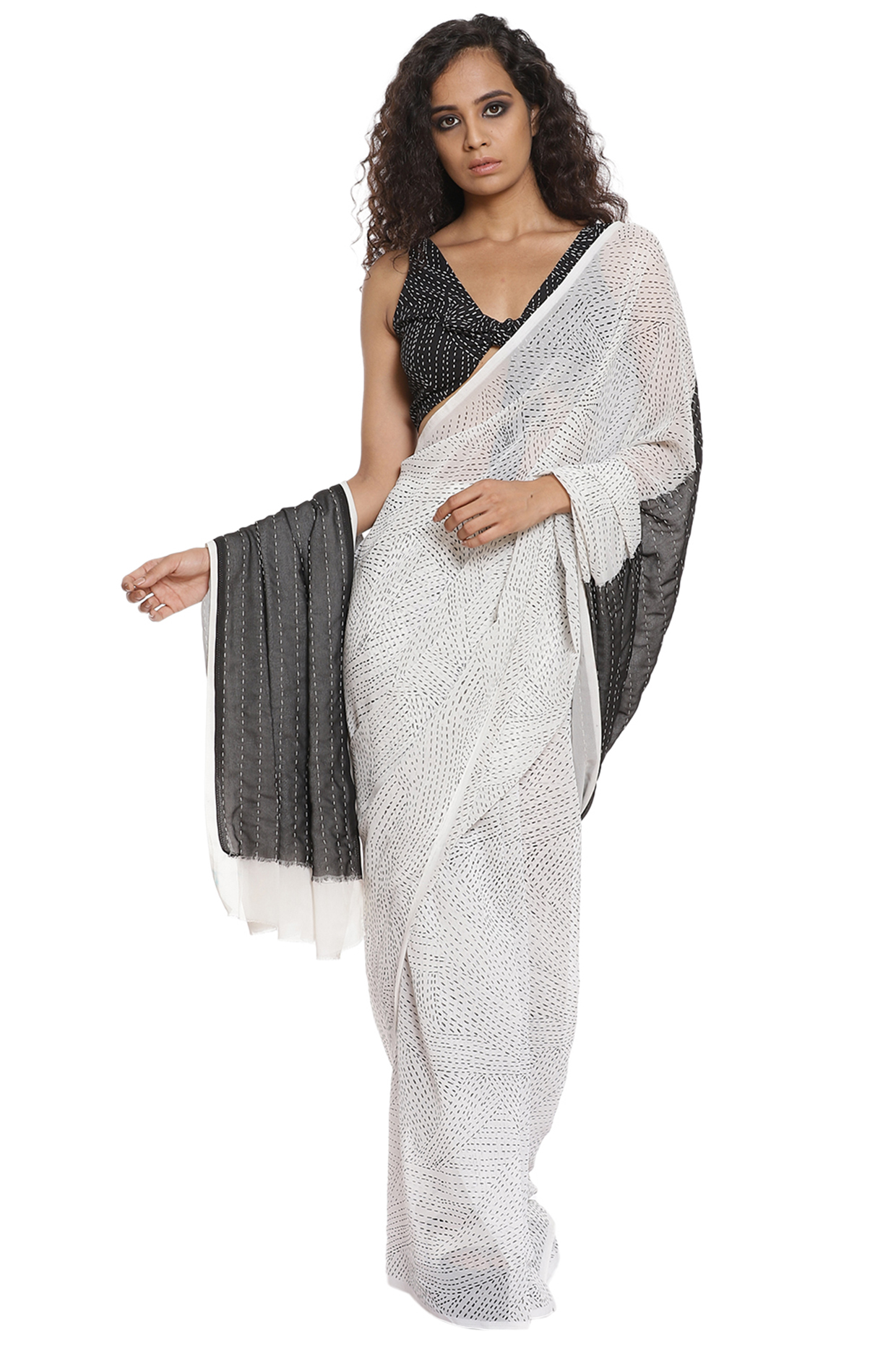 Ivory Kantha Printed Party Wear Saree by Abraham & Thakore at Pernia's Pop Up Shop