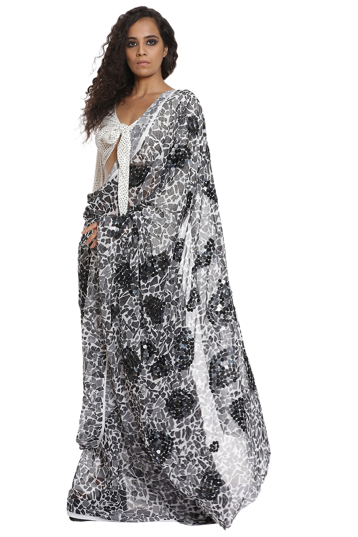 Black & White Printed Saree by Abraham & Thakore