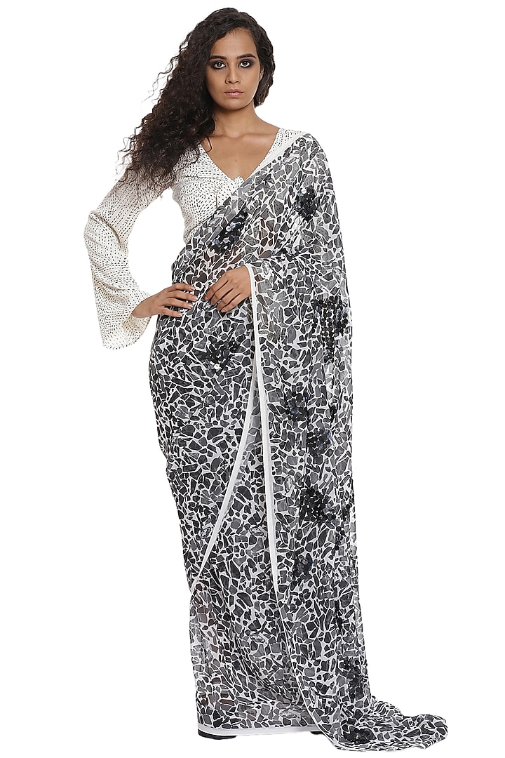 Black & White Printed Party Wear Saree by Abraham & Thakore at Pernia's Pop Up Shop