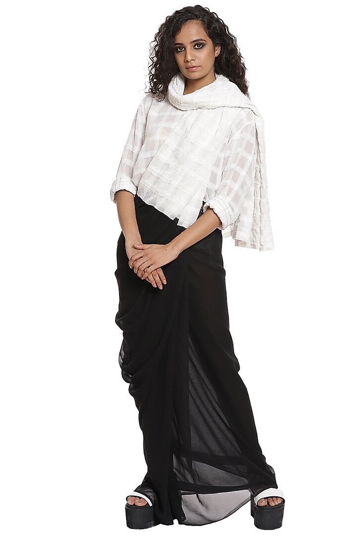 Black & Ivory Sheer Georgette Party Wear Saree by Abraham & Thakore at Pernia's Pop Up Shop