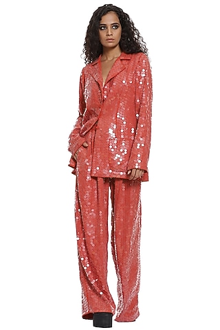Pastel Red Sequined Wide-Legged Pant Set by Abraham & Thakore