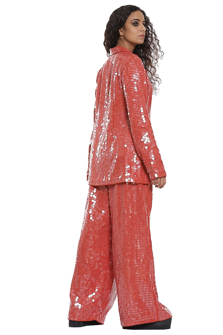 Pastel Red Sequined Wide-Legged Pant Set by Abraham & Thakore at Pernia's Pop Up Shop