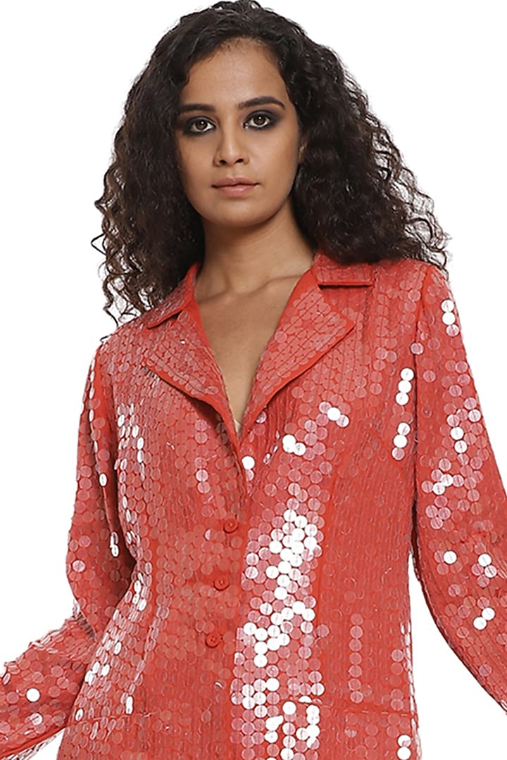 Pastel Red Sequined Wide-Legged Pant Set by Abraham & Thakore at Pernia's Pop Up Shop