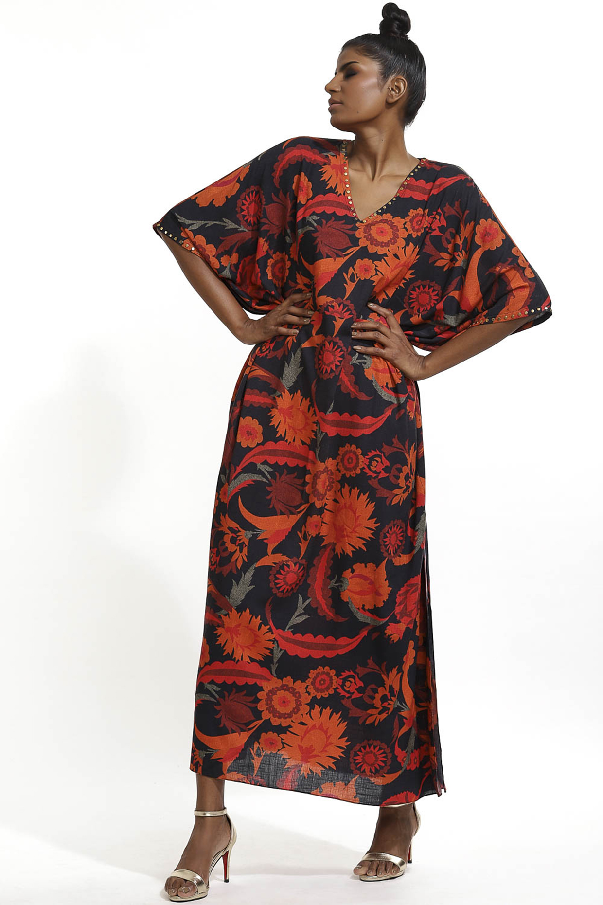 Black Floral Printed Kaftan by Abraham & Thakore at Pernia's Pop Up Shop