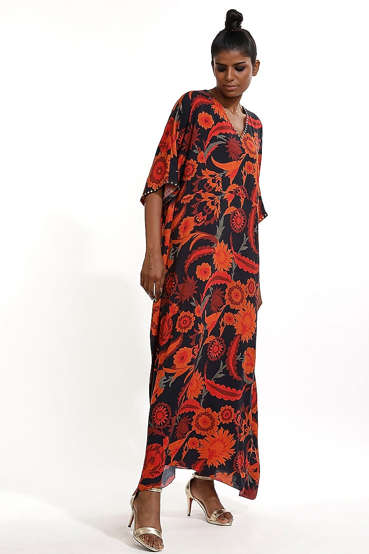 Black Floral Printed Kaftan by Abraham & Thakore at Pernia's Pop Up Shop