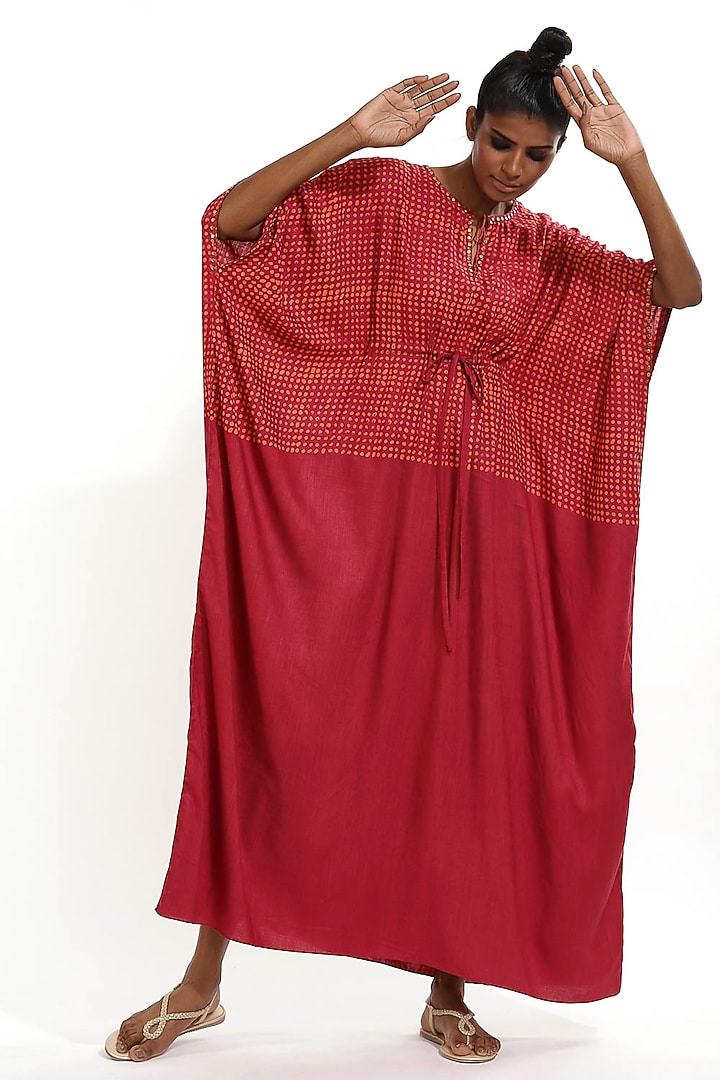 Red Floral Printed Kaftan by Abraham & Thakore at Pernia's Pop Up Shop