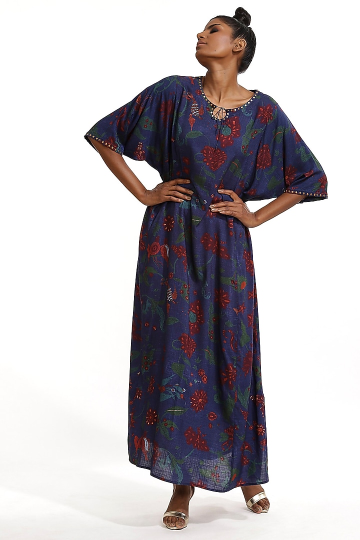 Midnight Blue Printed Kaftan by Abraham & Thakore at Pernia's Pop Up Shop