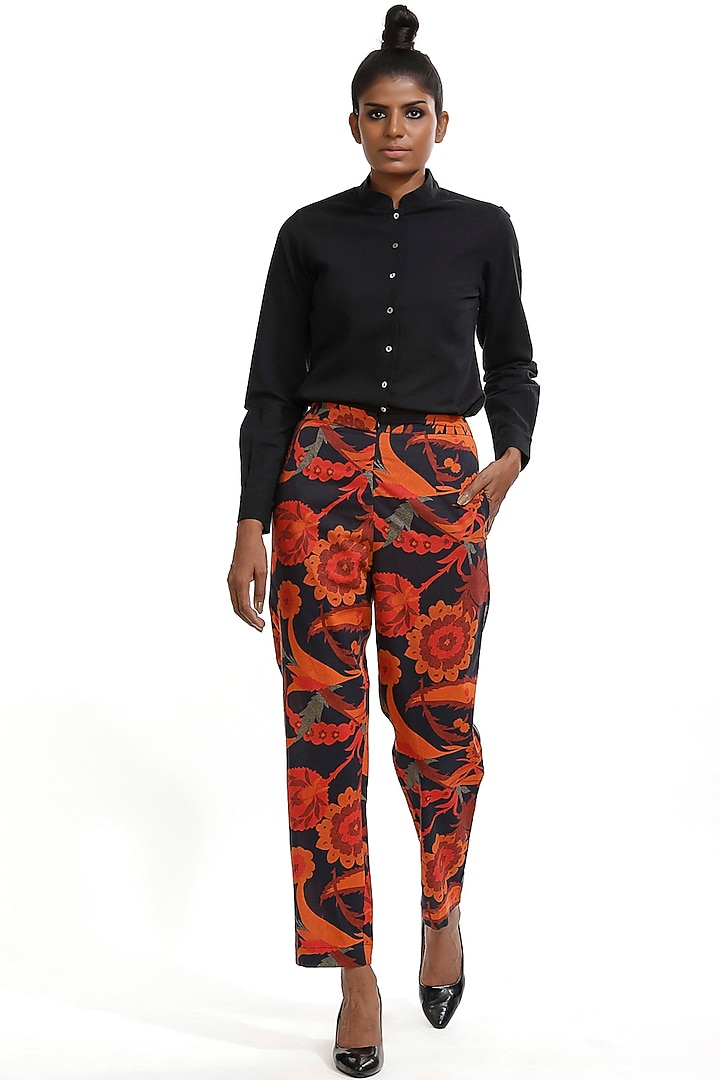 Black Floral Printed Pants by Abraham & Thakore at Pernia's Pop Up Shop