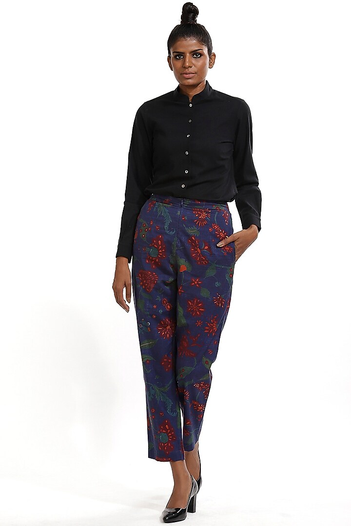 Midnight Blue Printed Pants by Abraham & Thakore at Pernia's Pop Up Shop