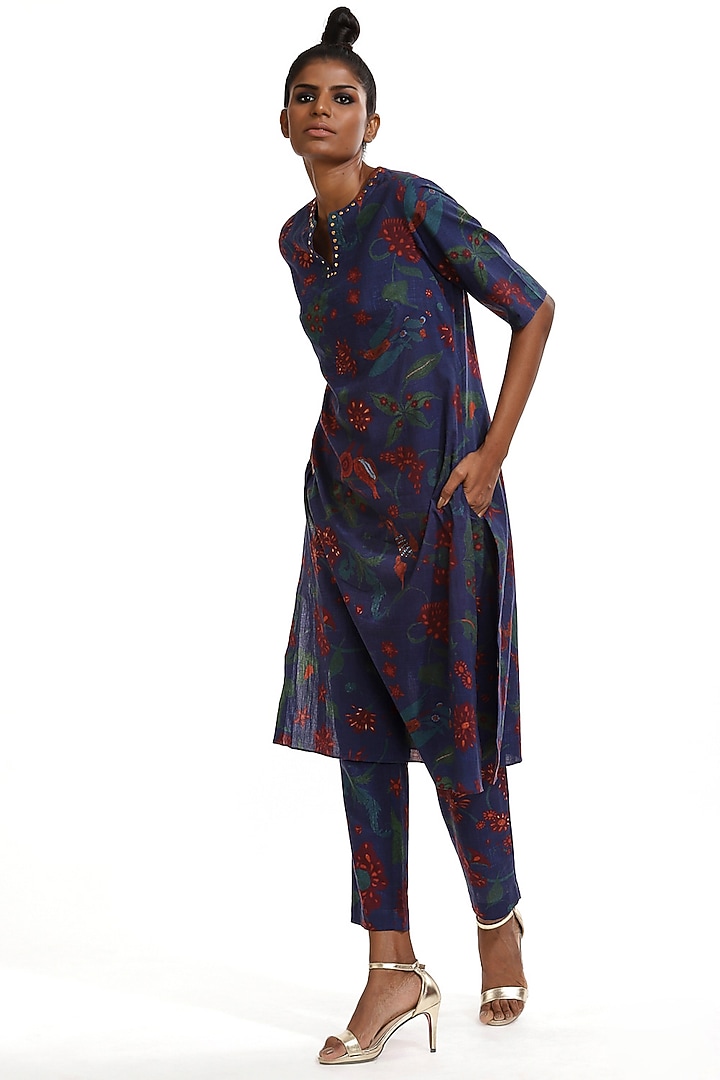 Midnight Blue Printed Kurta by Abraham & Thakore at Pernia's Pop Up Shop