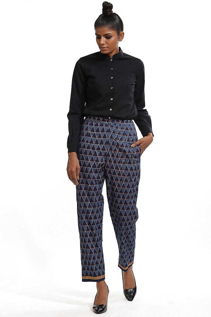 Midnight Blue Hand Block Printed Pants by Abraham & Thakore at Pernia's Pop Up Shop