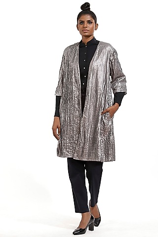 Silver Printed Kimono Jacket by Abraham & Thakore