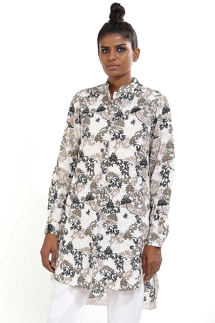 Ivory Floral Embroidered Shirt by Abraham & Thakore at Pernia's Pop Up Shop