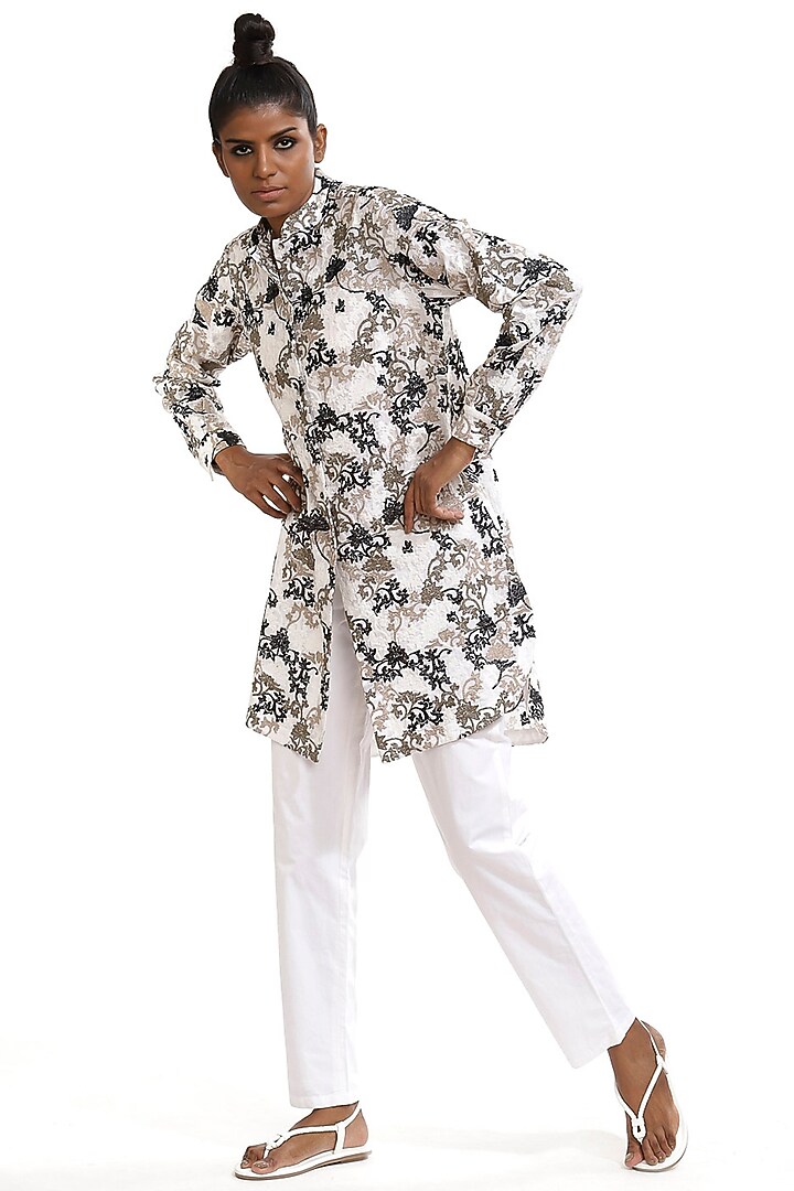 Ivory Floral Embroidered Shirt by Abraham & Thakore at Pernia's Pop Up Shop