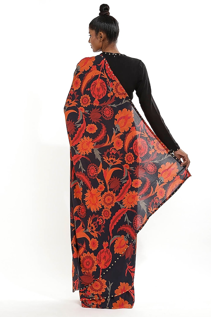 Black Floral Printed Party Wear Saree by Abraham & Thakore at Pernia's Pop Up Shop