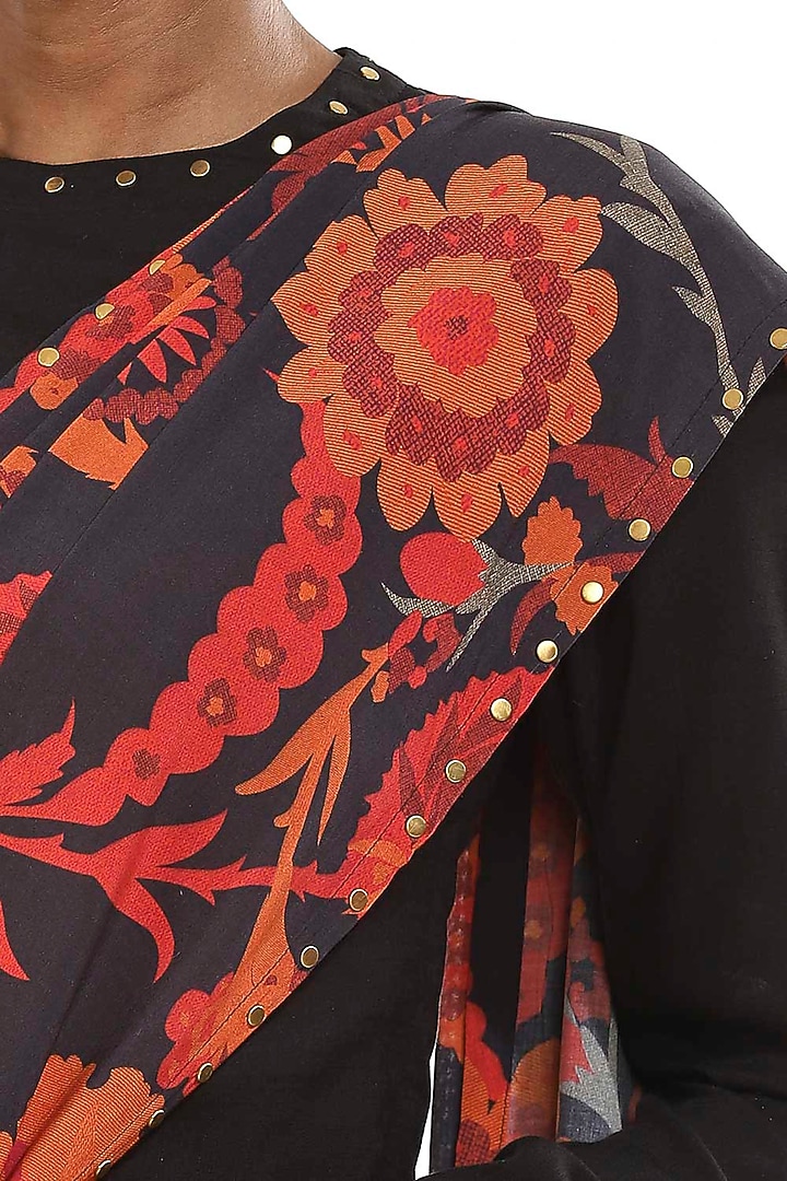 Black Floral Printed Party Wear Saree by Abraham & Thakore at Pernia's Pop Up Shop