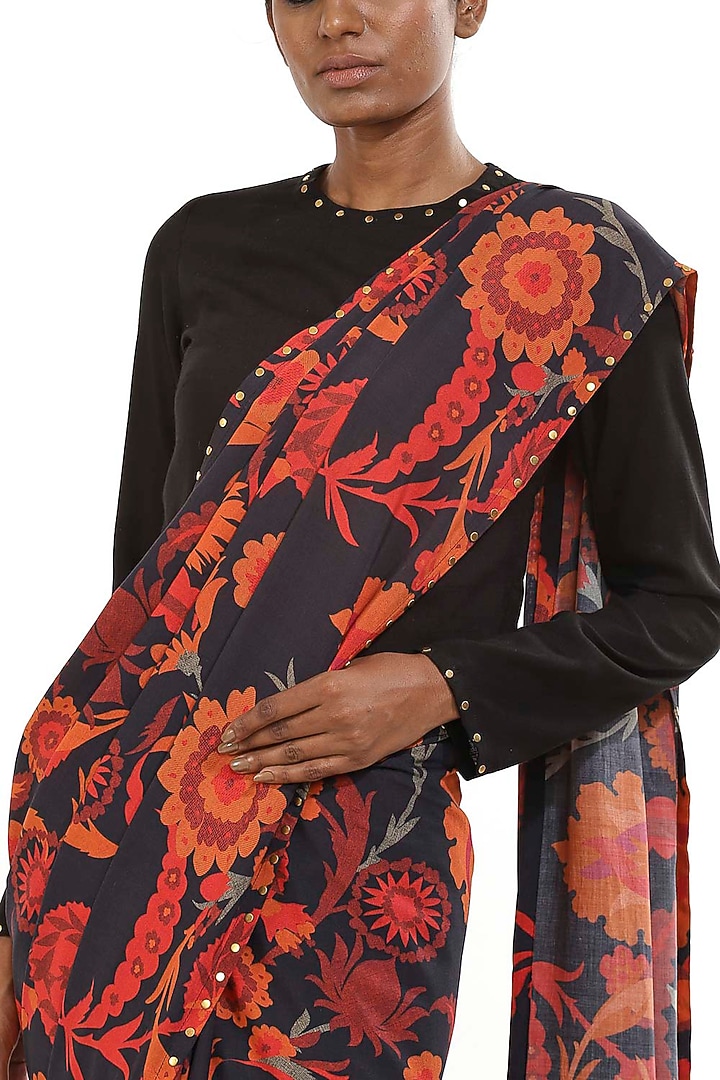 Black Floral Printed Party Wear Saree by Abraham & Thakore at Pernia's Pop Up Shop