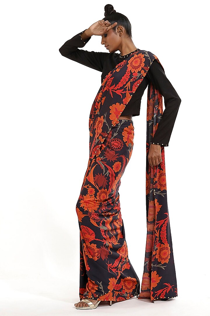 Black Floral Printed Party Wear Saree by Abraham & Thakore at Pernia's Pop Up Shop