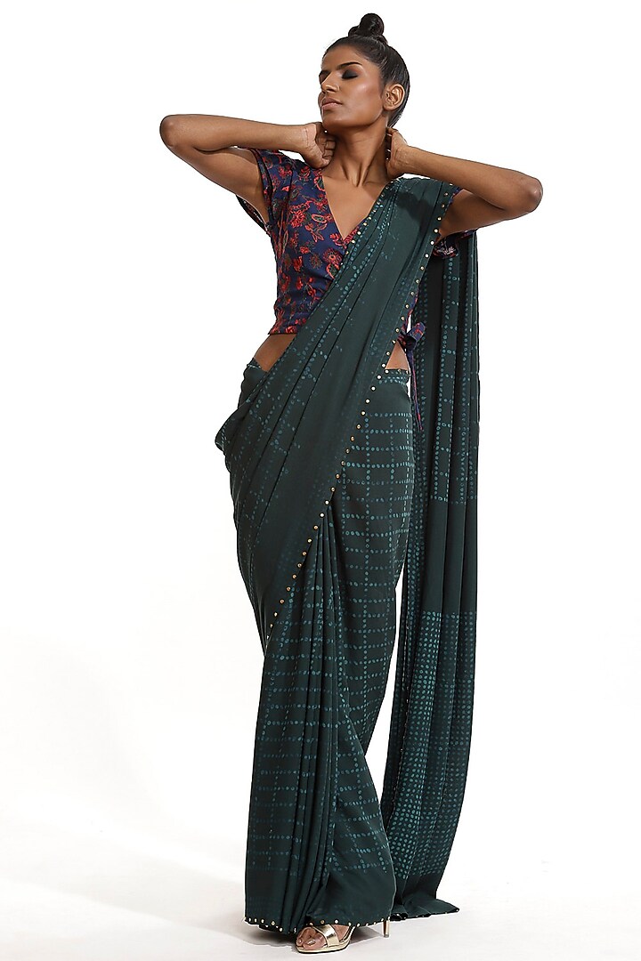 Emerald Green Printed Party Wear Saree by Abraham & Thakore at Pernia's Pop Up Shop
