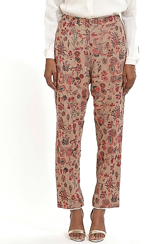 Beige Kalamkari Embroidered Pants by Abraham & Thakore