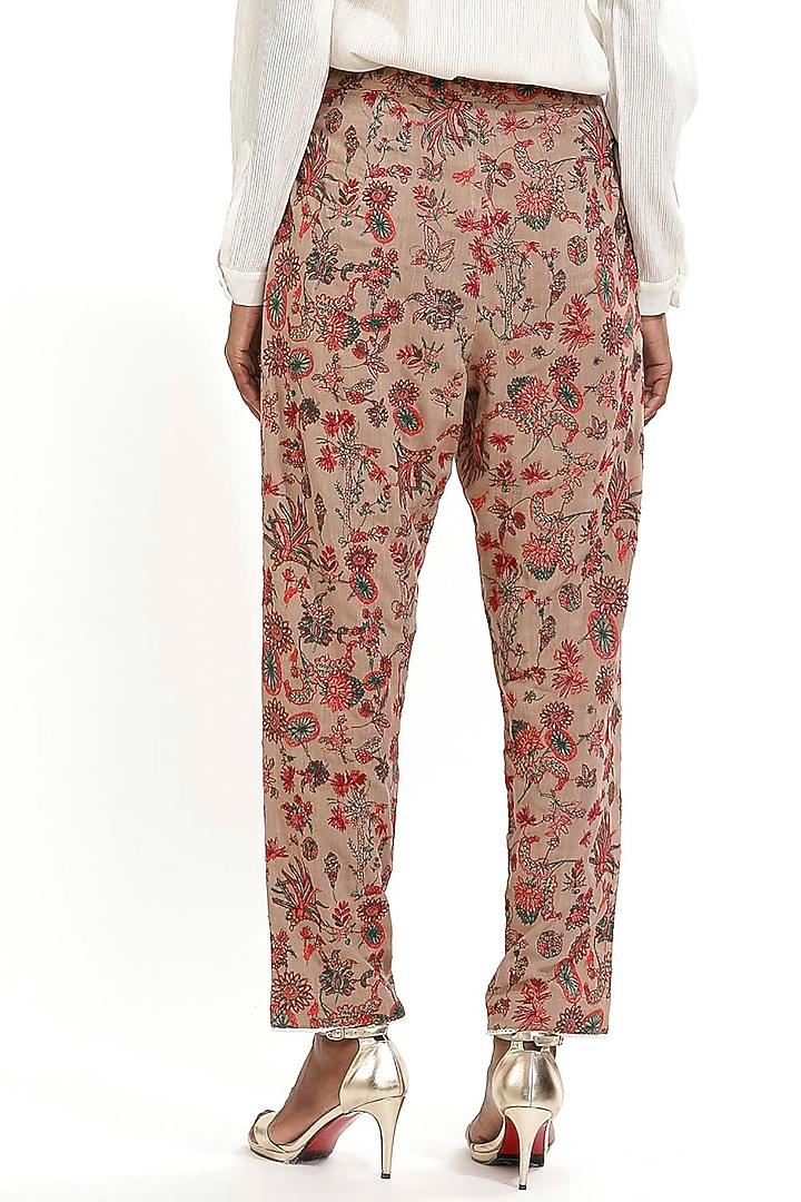 Beige Kalamkari Embroidered Pants by Abraham & Thakore at Pernia's Pop Up Shop