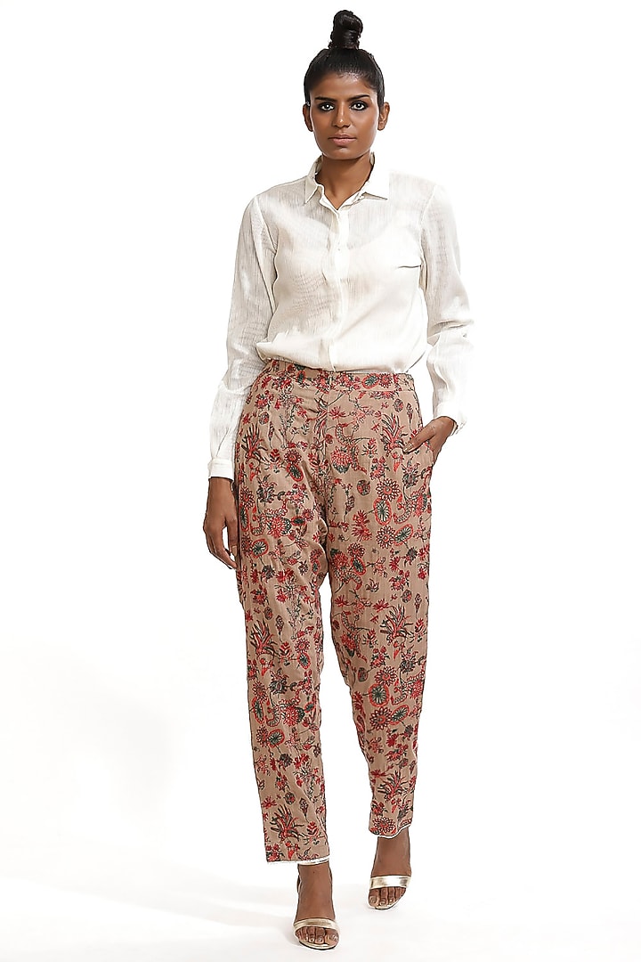 Beige Kalamkari Embroidered Pants by Abraham & Thakore at Pernia's Pop Up Shop