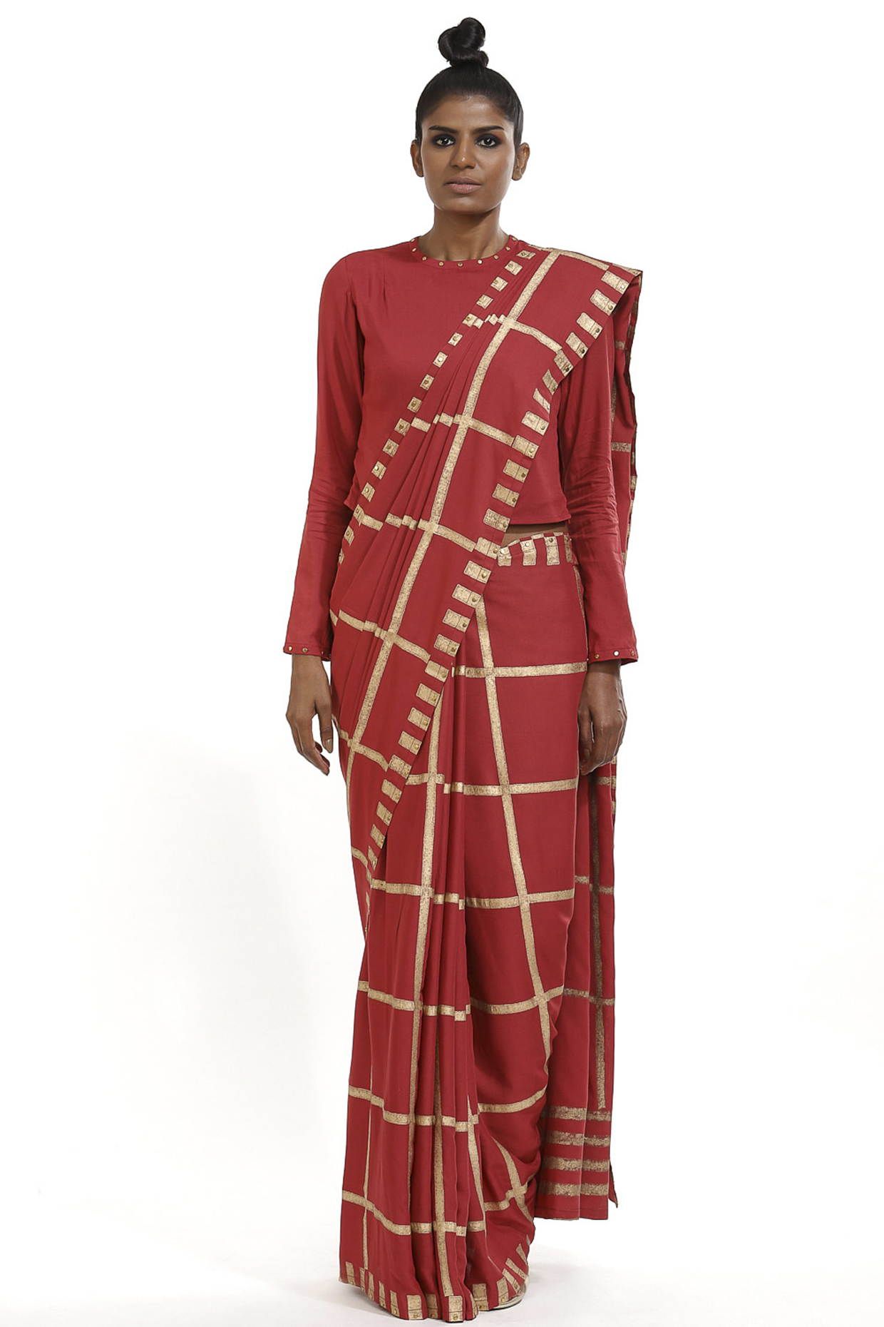 Burgundy Hand Block Printed Party Wear Saree by Abraham & Thakore at Pernia's Pop Up Shop