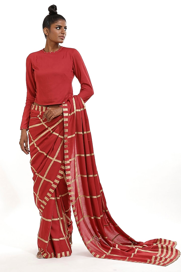 Burgundy Hand Block Printed Party Wear Saree by Abraham & Thakore at Pernia's Pop Up Shop