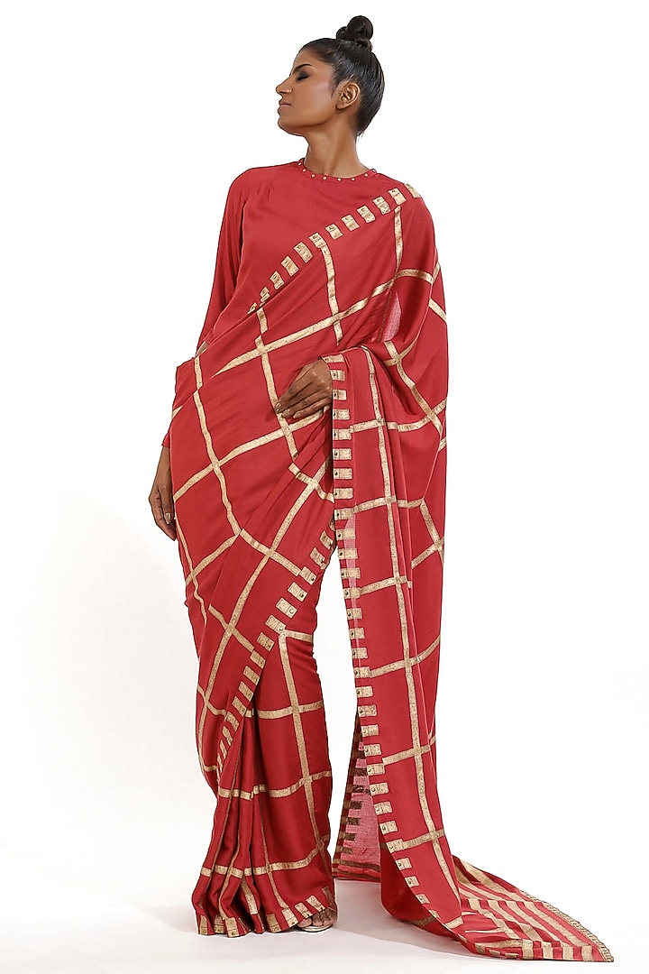 Burgundy Hand Block Printed Party Wear Saree by Abraham & Thakore at Pernia's Pop Up Shop