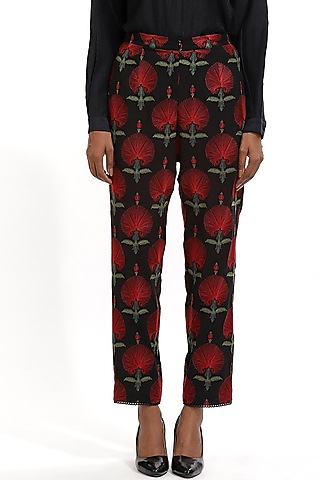 Black Floral Embroidered Pants by Abraham & Thakore
