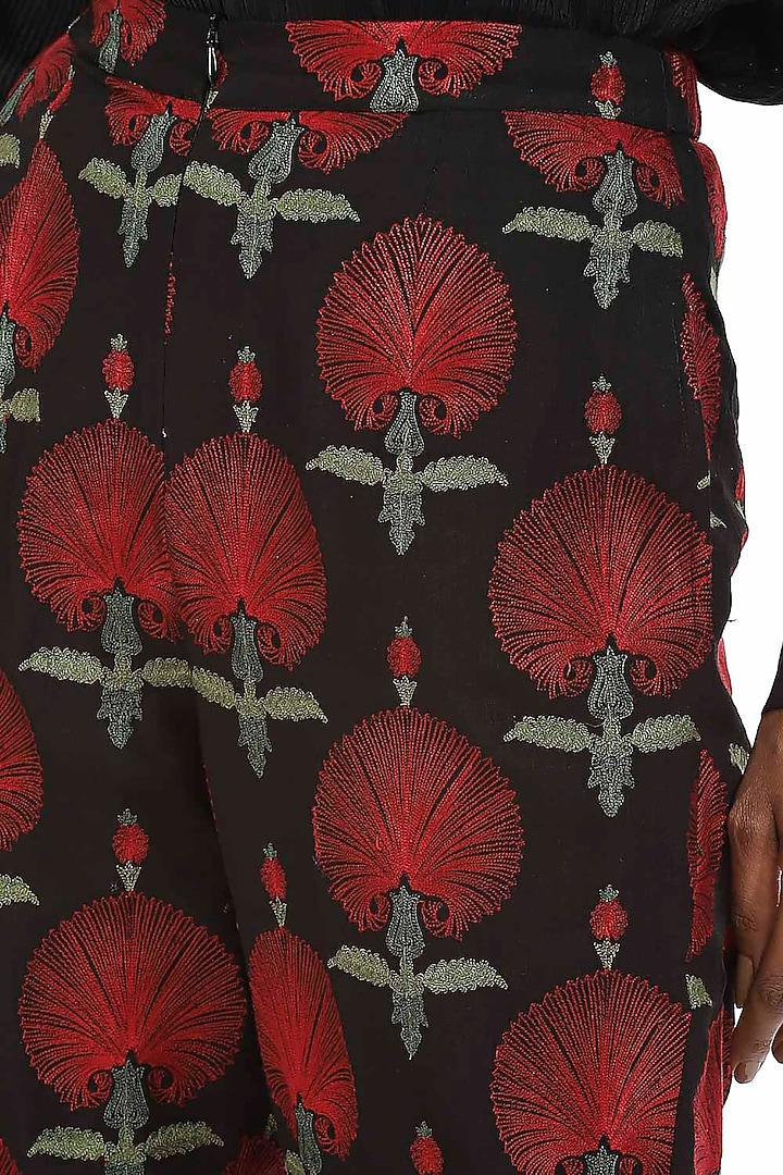 Black Floral Embroidered Pants by Abraham & Thakore at Pernia's Pop Up Shop