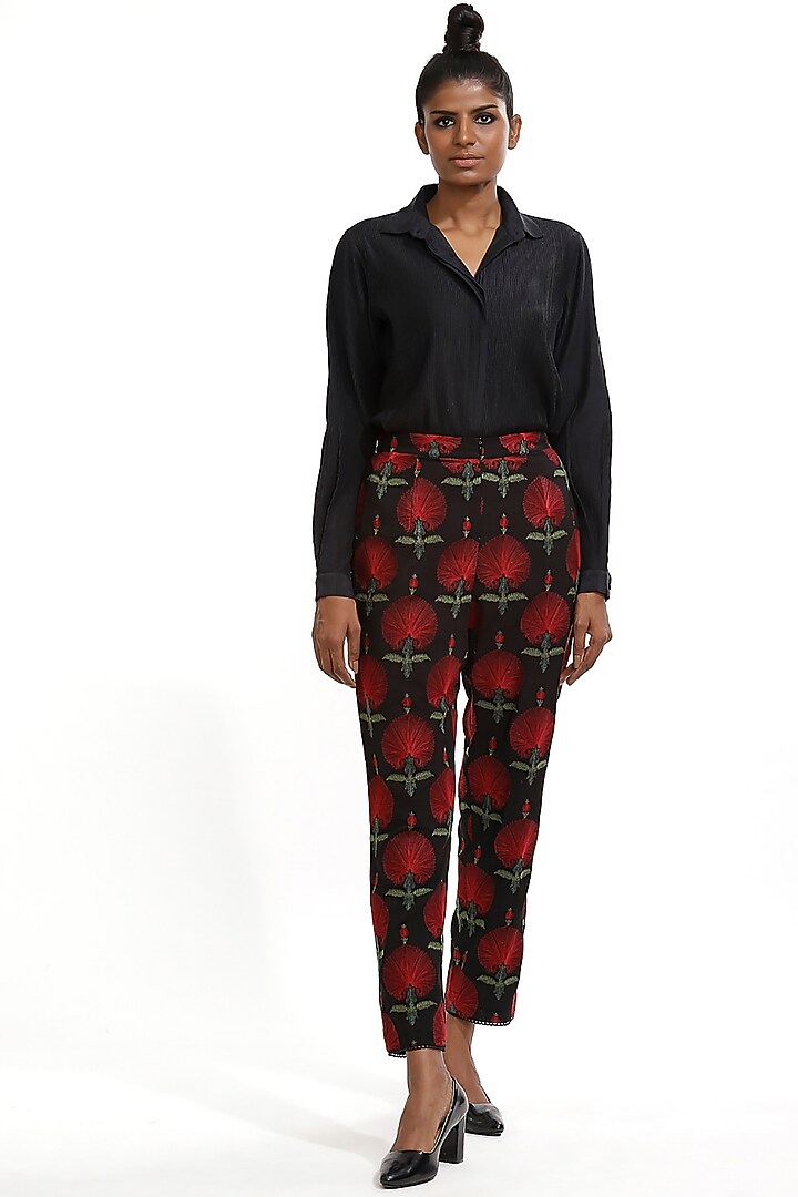 Black Floral Embroidered Pants by Abraham & Thakore at Pernia's Pop Up Shop