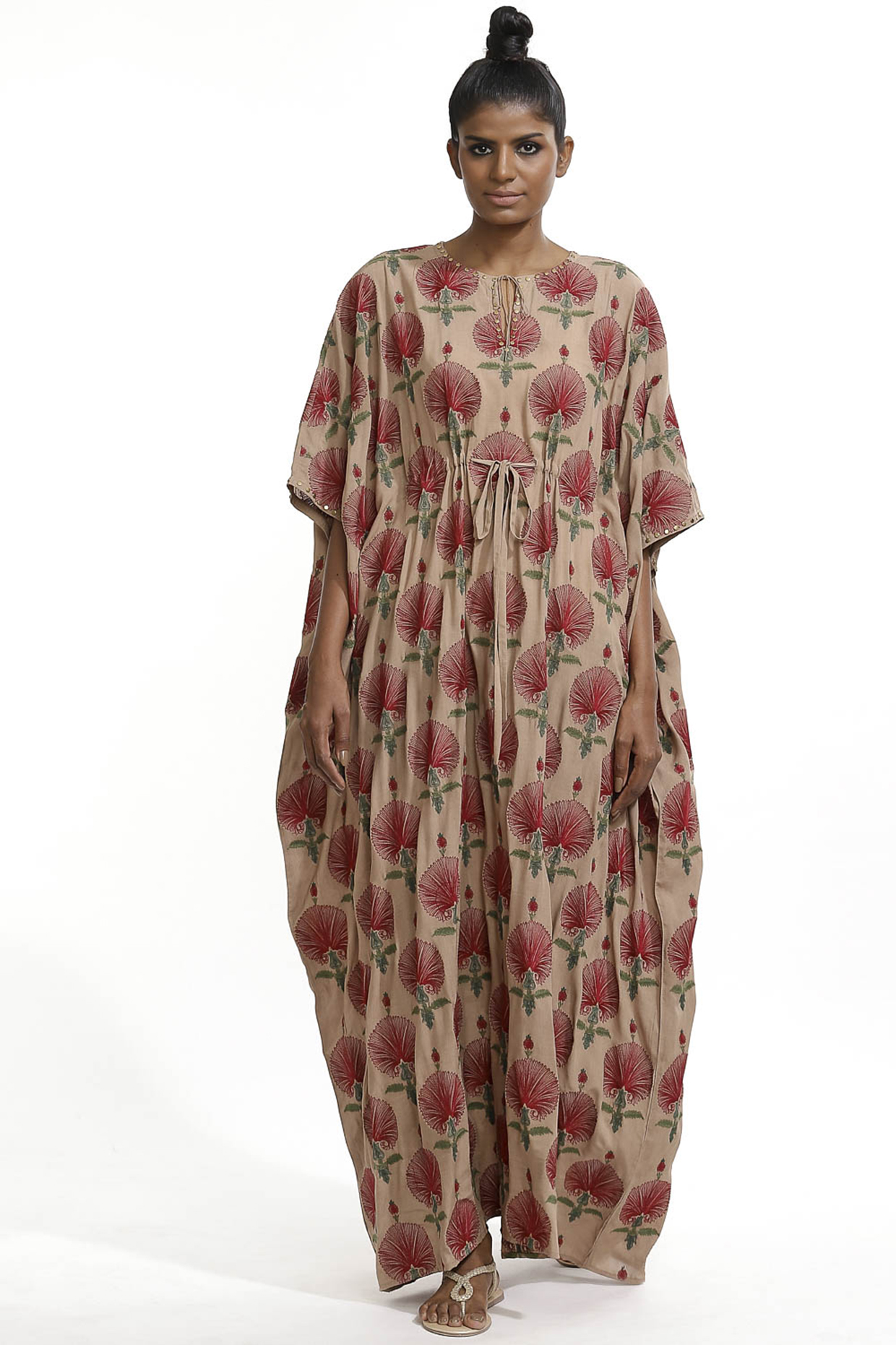 Beige Floral Embroidered Kaftan by Abraham & Thakore at Pernia's Pop Up Shop