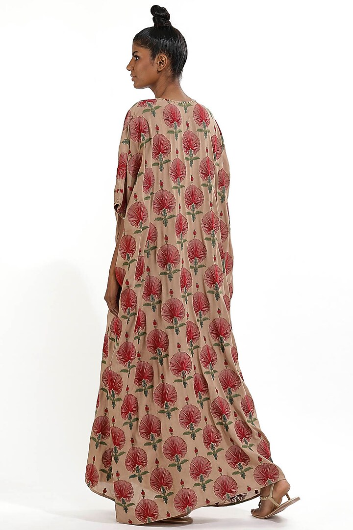 Beige Floral Embroidered Kaftan by Abraham & Thakore at Pernia's Pop Up Shop