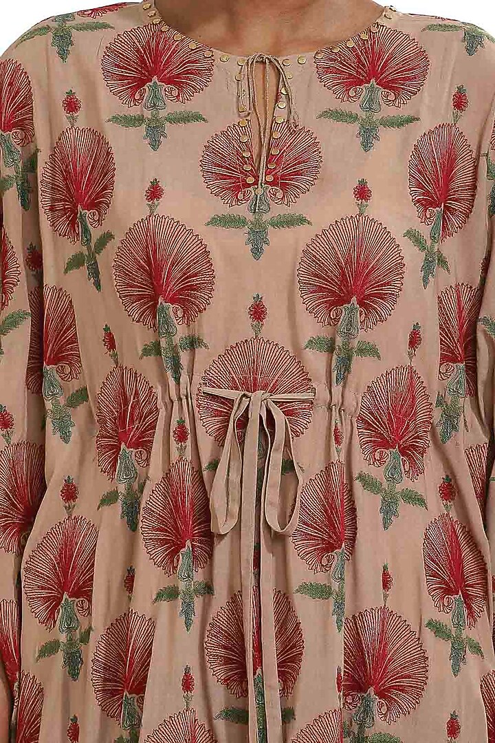 Beige Floral Embroidered Kaftan by Abraham & Thakore at Pernia's Pop Up Shop