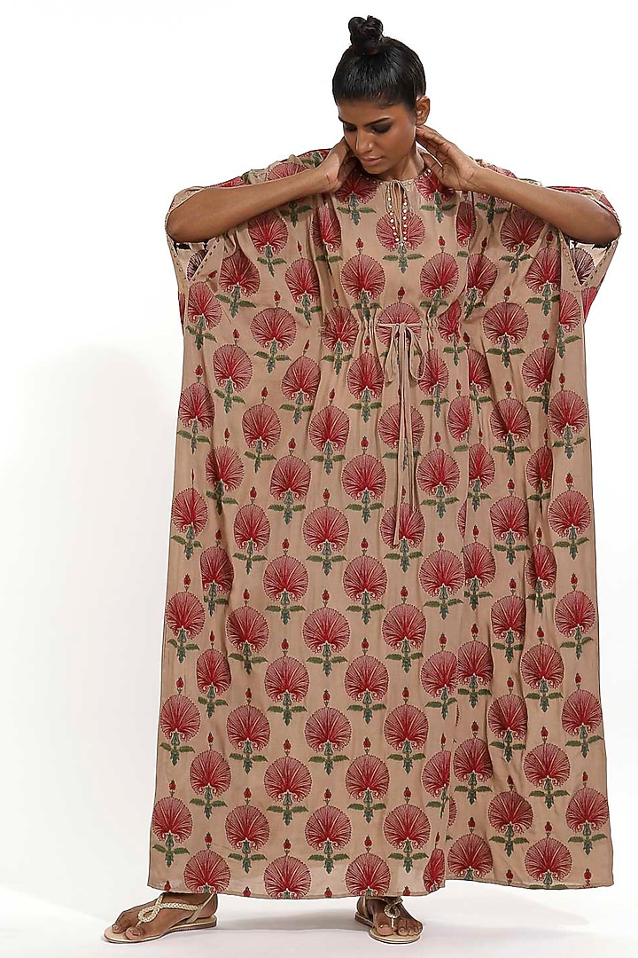 Beige Floral Embroidered Kaftan by Abraham & Thakore at Pernia's Pop Up Shop