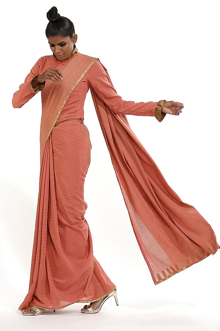 Rose Pink Printed Party Wear Saree by Abraham & Thakore at Pernia's Pop Up Shop