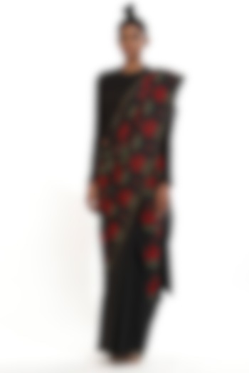 Black Floral Embroidered Saree by Abraham & Thakore
