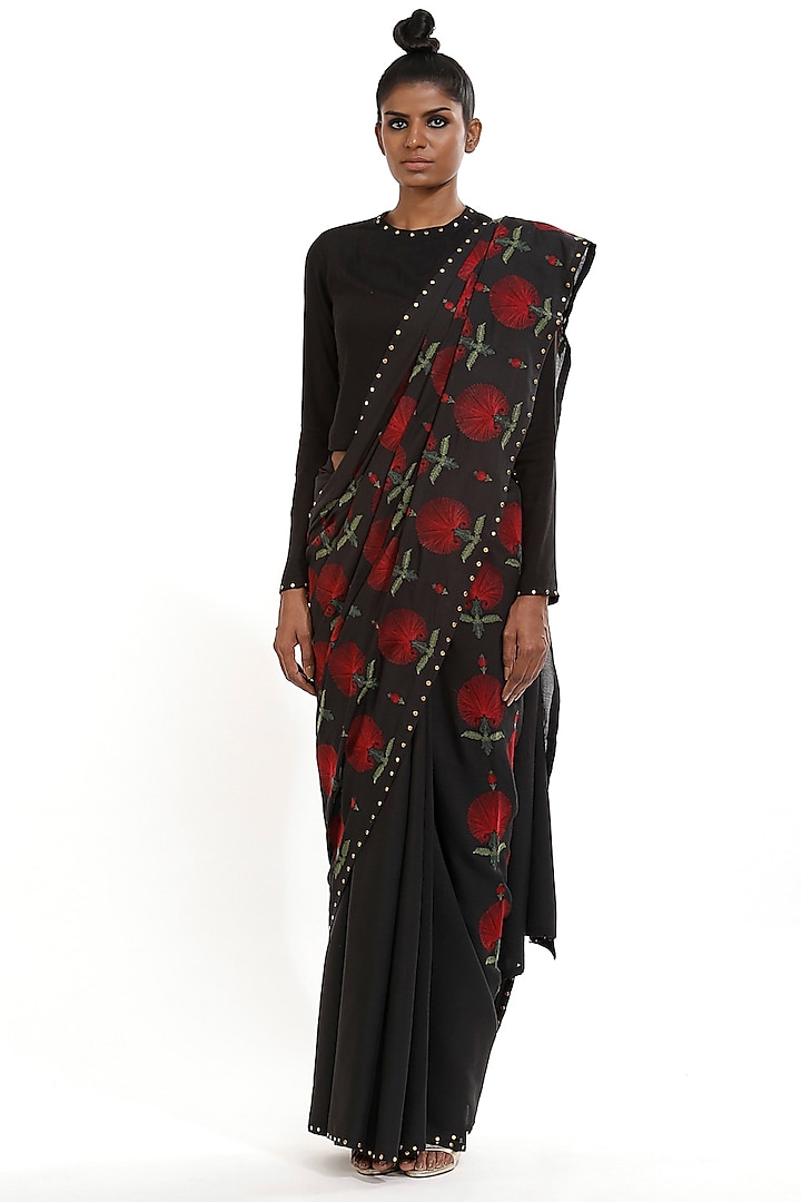 Black Floral Embroidered Saree by Abraham & Thakore