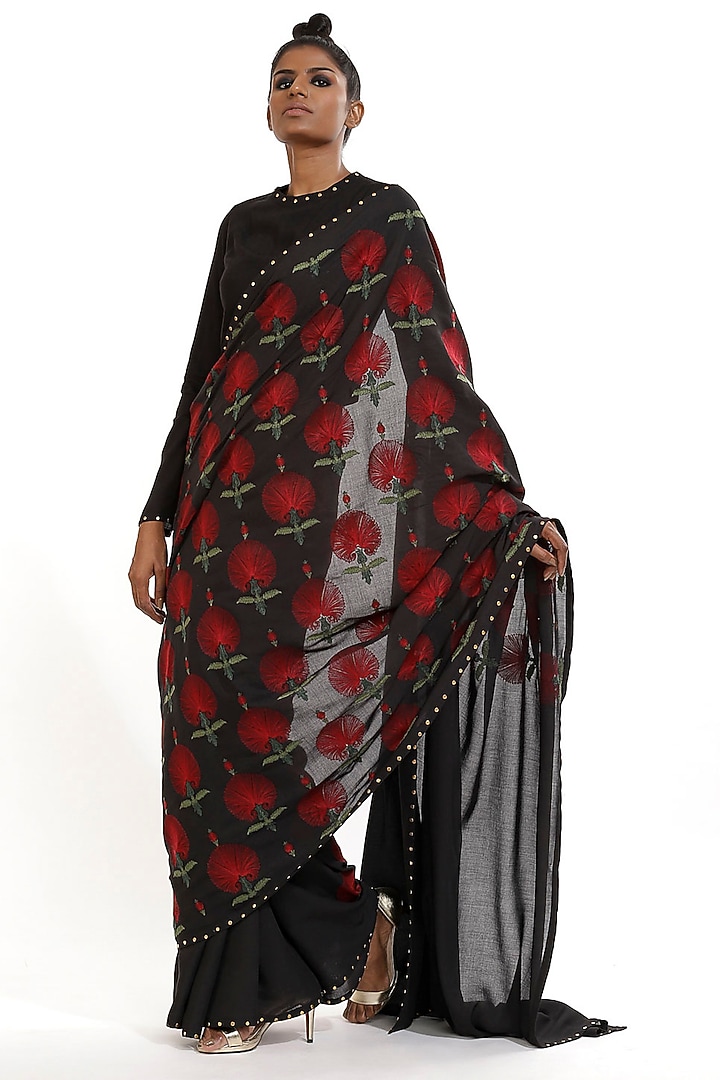 Black Floral Embroidered Party Wear Saree by Abraham & Thakore at Pernia's Pop Up Shop