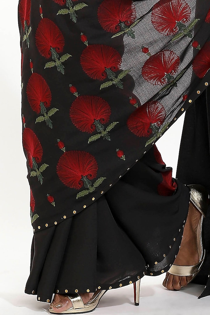 Black Floral Embroidered Party Wear Saree by Abraham & Thakore at Pernia's Pop Up Shop