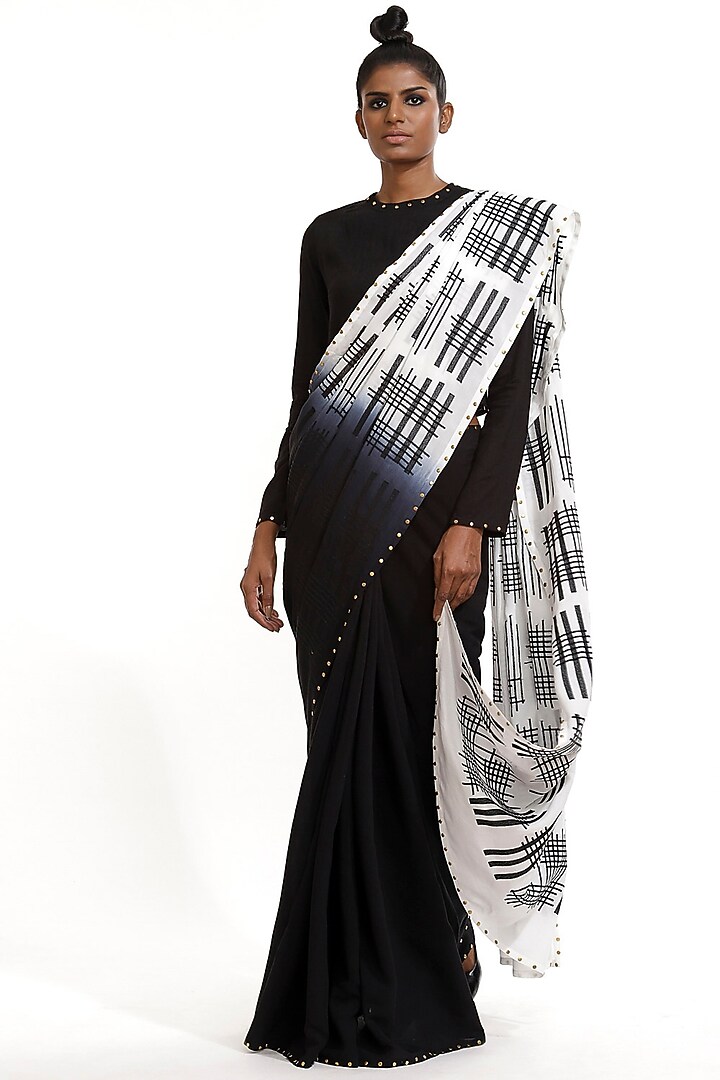 Black Dyed Embroidered Party Wear Saree by Abraham & Thakore at Pernia's Pop Up Shop