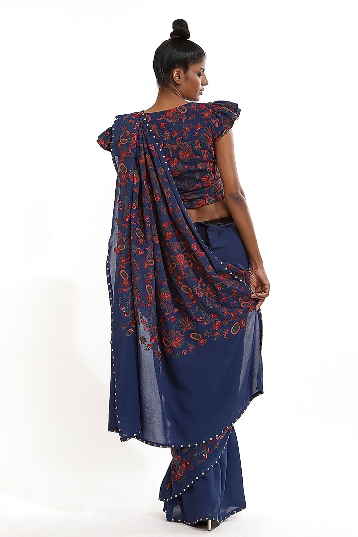 Marine Blue Embroidered Party Wear Saree by Abraham & Thakore at Pernia's Pop Up Shop