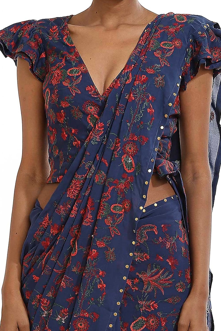 Marine Blue Embroidered Party Wear Saree by Abraham & Thakore at Pernia's Pop Up Shop