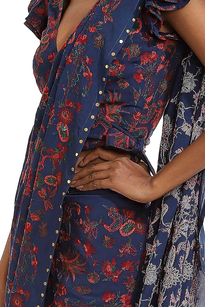Marine Blue Embroidered Party Wear Saree by Abraham & Thakore at Pernia's Pop Up Shop