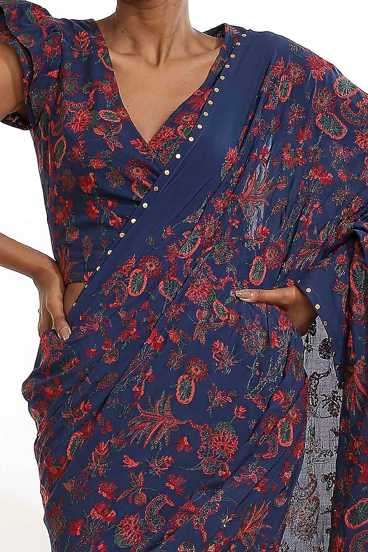 Marine Blue Embroidered Party Wear Saree by Abraham & Thakore at Pernia's Pop Up Shop