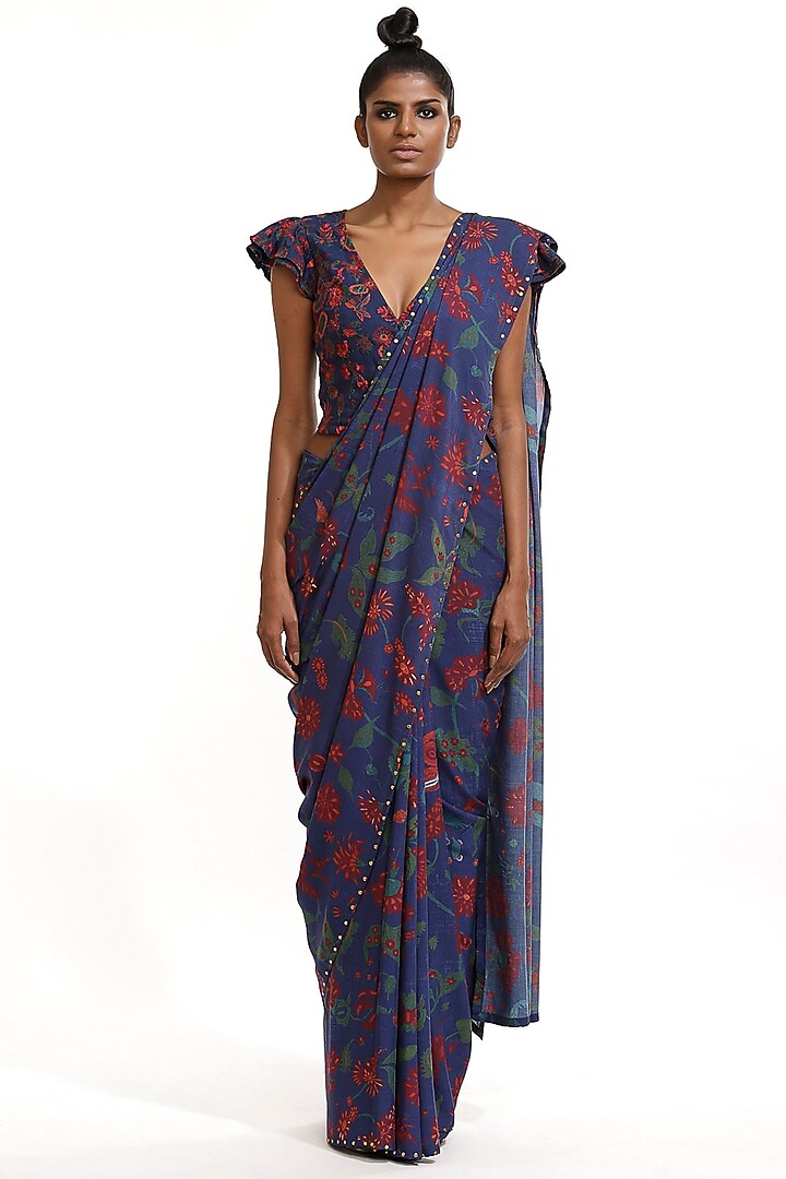 Marine Blue Printed Party Wear Saree by Abraham & Thakore at Pernia's Pop Up Shop